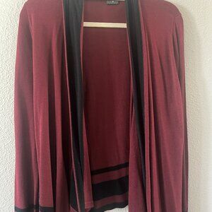 Red wine-colored duster sweater with Black accent lines